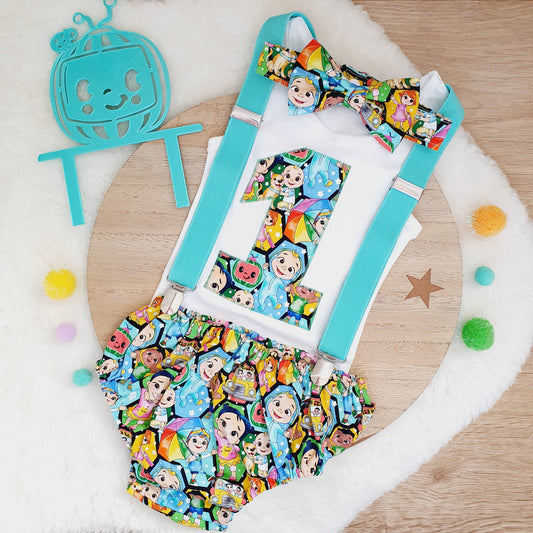 COCOMELON print Boys 1st Birthday Outfit, Size 0