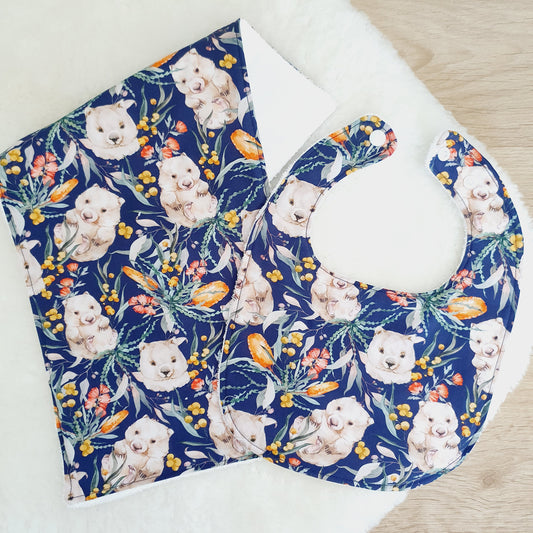 Wombat Baby Bib and Burp Cloth Gift Set, Baby Shower Gift, Newborn Gift