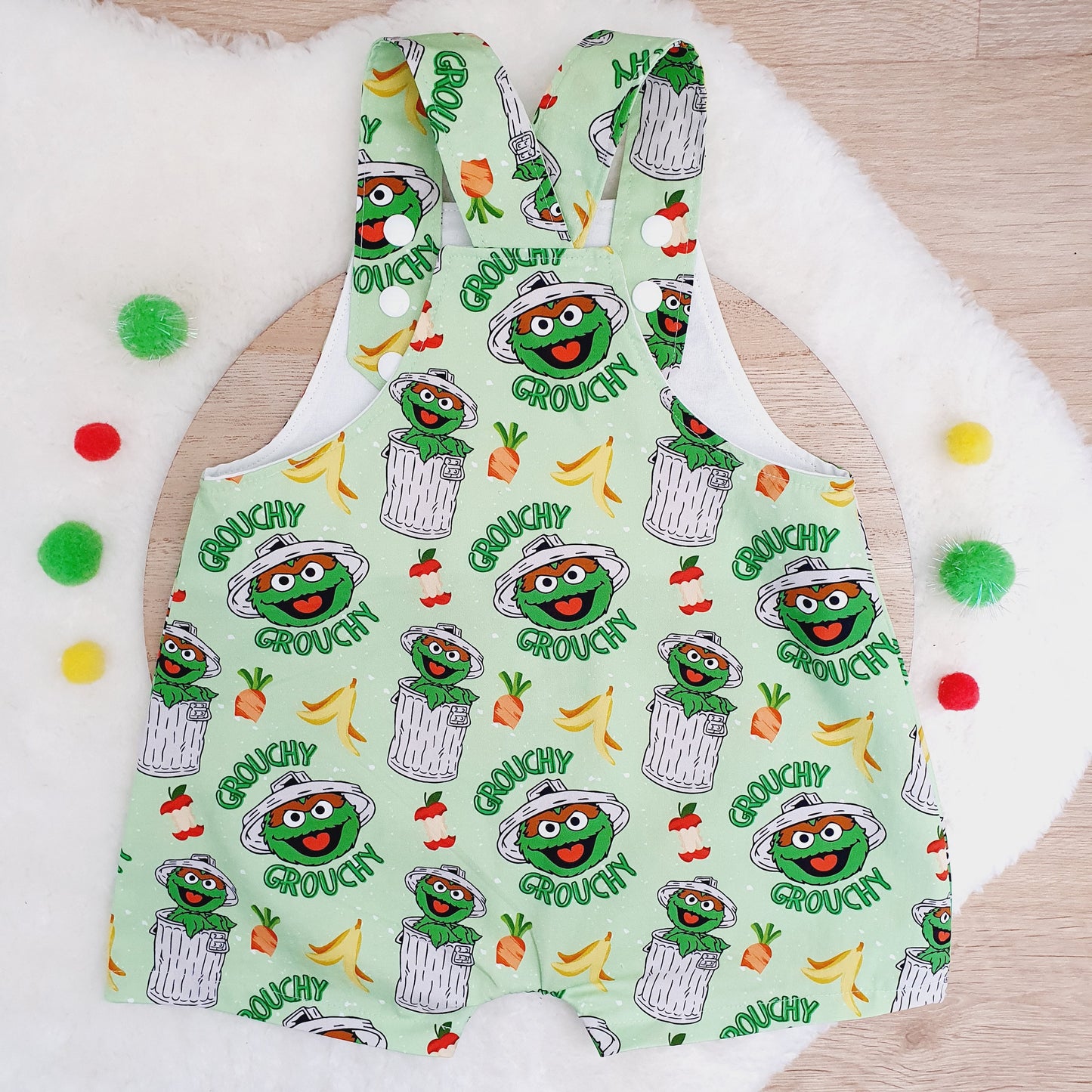 GROUCH print Overalls, Baby Overalls, Short Leg Romper, Size 1