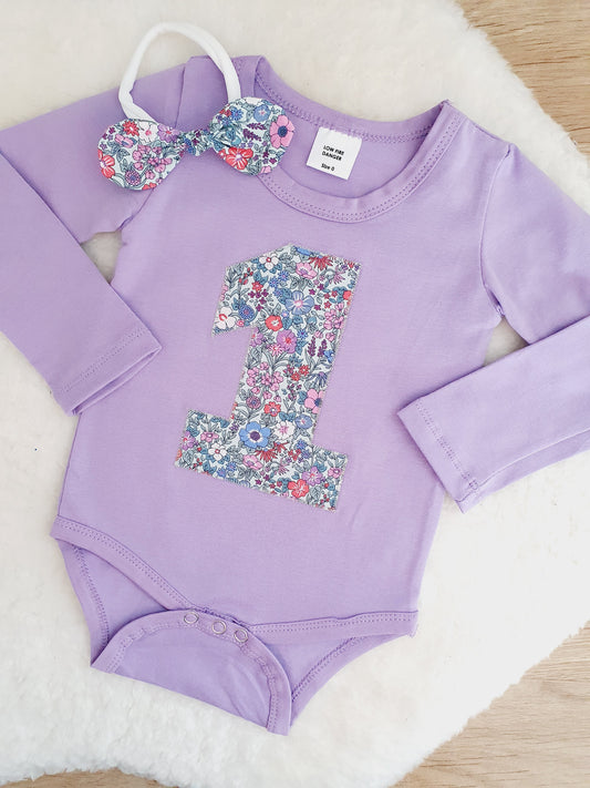 Girls 1st Birthday Long Sleeve Bodysuit &  Headband Set, Size 0 - Ditsy Floral