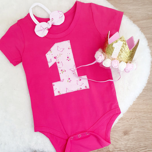 *SALE* Girls 1st Birthday Short Sleeve Bodysuit, Crown and Headband Set, Size 2