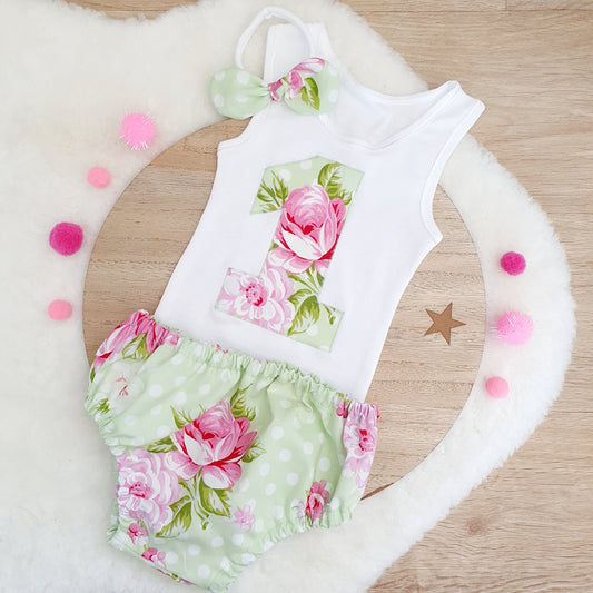 ROSES ON GREEN Girls 1st Birthday - Cake Smash Outfit, Size 0