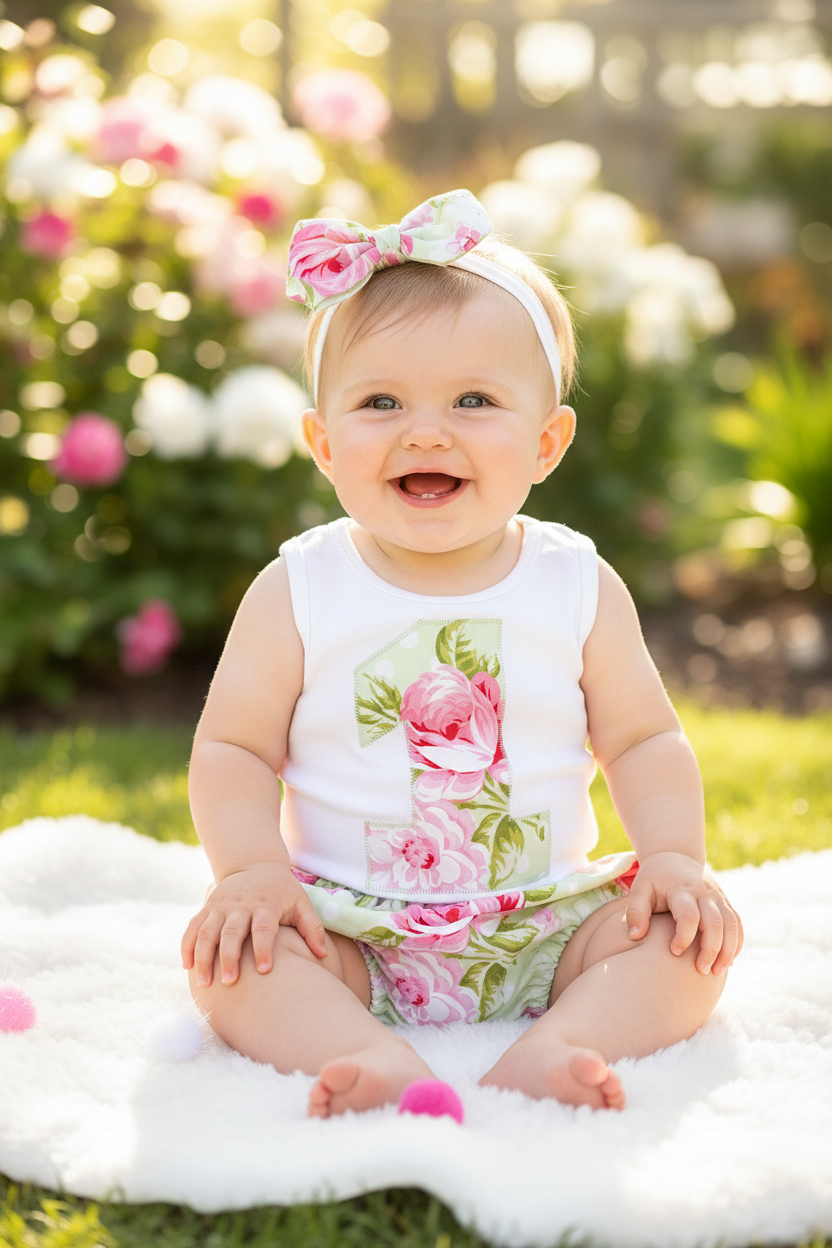 ROSES ON GREEN Girls 1st Birthday - Cake Smash Outfit, Size 0