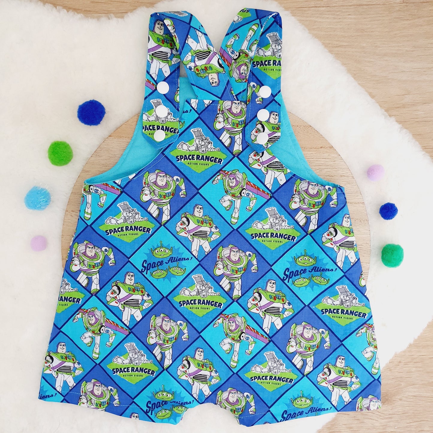 BUZZ print Overalls, Baby Overalls, Short Leg Romper, Size 1