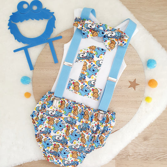 COOKIE MONSTER print Boys 1st Birthday Outfit, Size 0