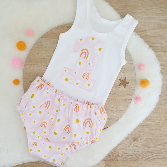DAISIES & RAINBOWS Girls 1st Birthday - Cake Smash Outfit, Size 1
