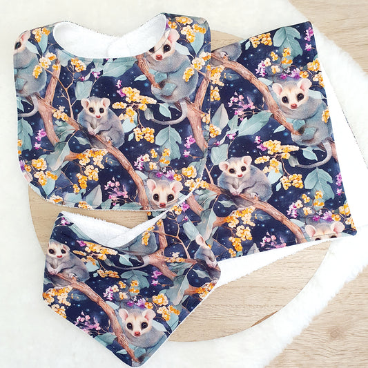POSSUM Baby Bibs and Burp Cloth Gift Set, Baby Shower Gift, Newborn Gift, Australian Baby Gift