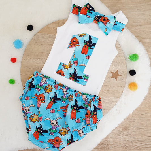 Bing Bunny print Boys 1st Birthday - Cake Smash Outfit - Size 1 - BING BUNNY print