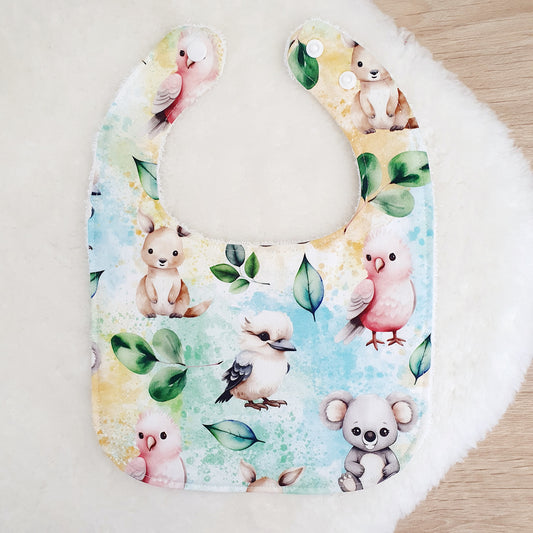 AUSSIE ANIMALS print Bib, Handmade Baby Bib, Feeding Bib