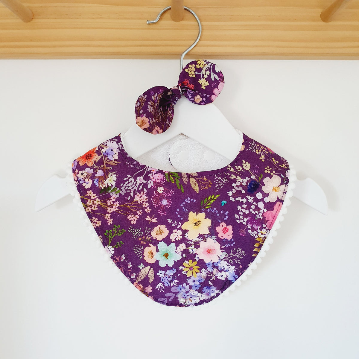 Pom Pom Trim Bandana Dribble Bib and Headband Bow, Handmade Baby Bib, Cotton / Bamboo, Ultra Absorbent