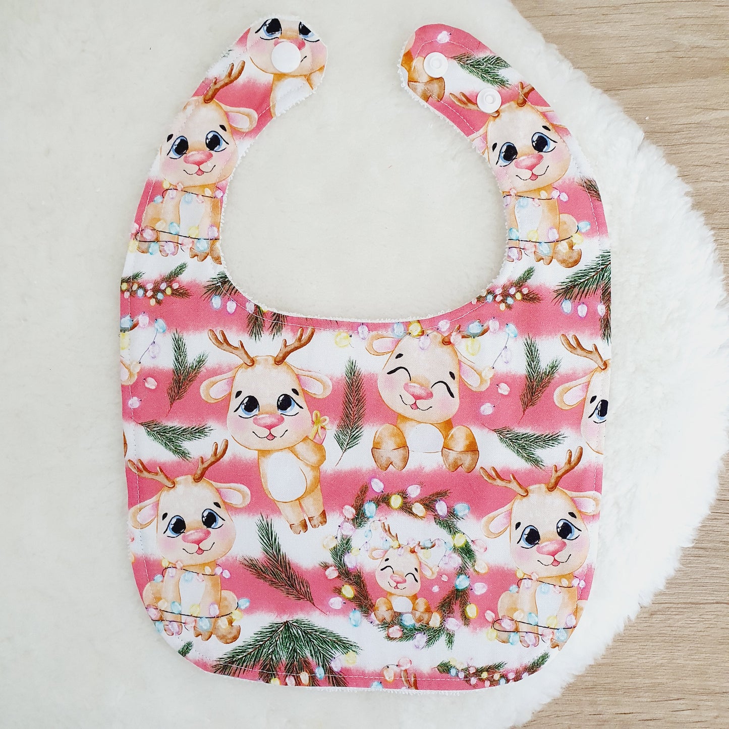 REINDEER CHRISTMAS print Small Feeding Bib - Organic Bamboo Backed, Ultra Absorbent Bib