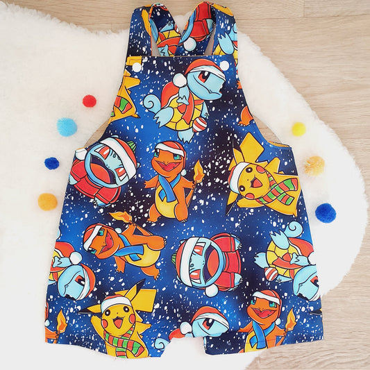 CHRISTMAS POKEMON print Overalls, Baby / Toddler Overalls, Short Leg Romper, Size 2