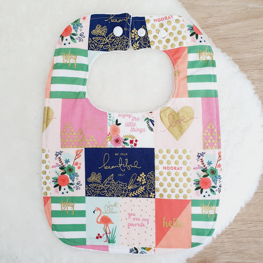 Floral Love Bib, Handmade Baby Bib, Large Feeding Bib