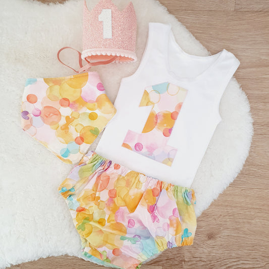 WATERCOLOURS Girls 1st Birthday - Cake Smash Outfit, Size 1