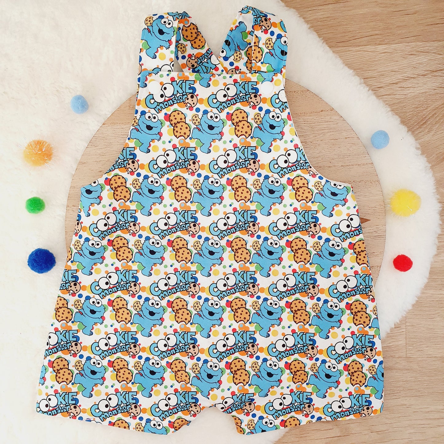 COOKIE MONSTER print Overalls, Baby Overalls, Short Leg Romper, Size 1