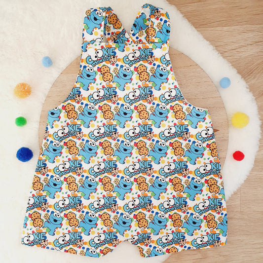 COOKIE MONSTER print Overalls, Baby Overalls, Short Leg Romper, Size 1