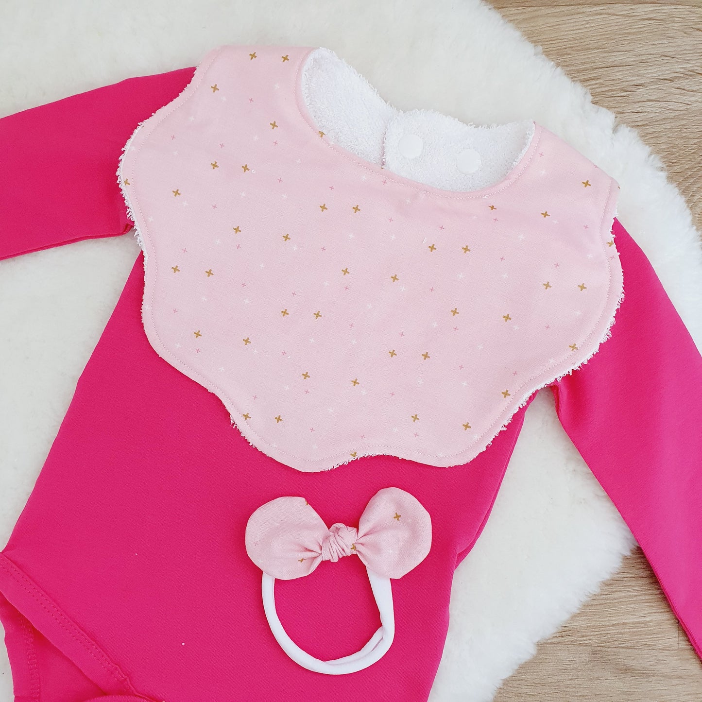Baby Pink Sparkler Handmade Scalloped Baby Bib and Headband Set