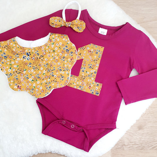 *SALE* Girls 1st Birthday Long Sleeve Bodysuit, Bib & Headband Set, Size 1 - Ditsy Floral