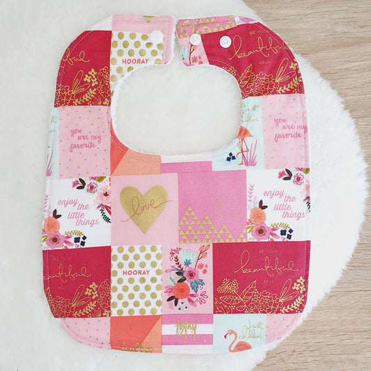Floral Love Bib, Handmade Baby Bib, Large Feeding Bib