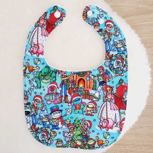 TOY STORY CHRISTMAS print Small Feeding Bib - Organic Bamboo Backed, Ultra Absorbent Bib