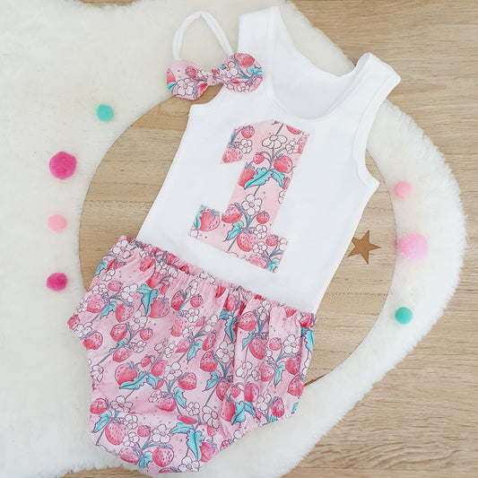 STRAWBERRIES Girls 1st Birthday / Cake Smash Outfit, Size 1