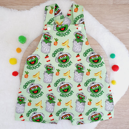 GROUCH print Overalls, Baby Overalls, Short Leg Romper, Size 1