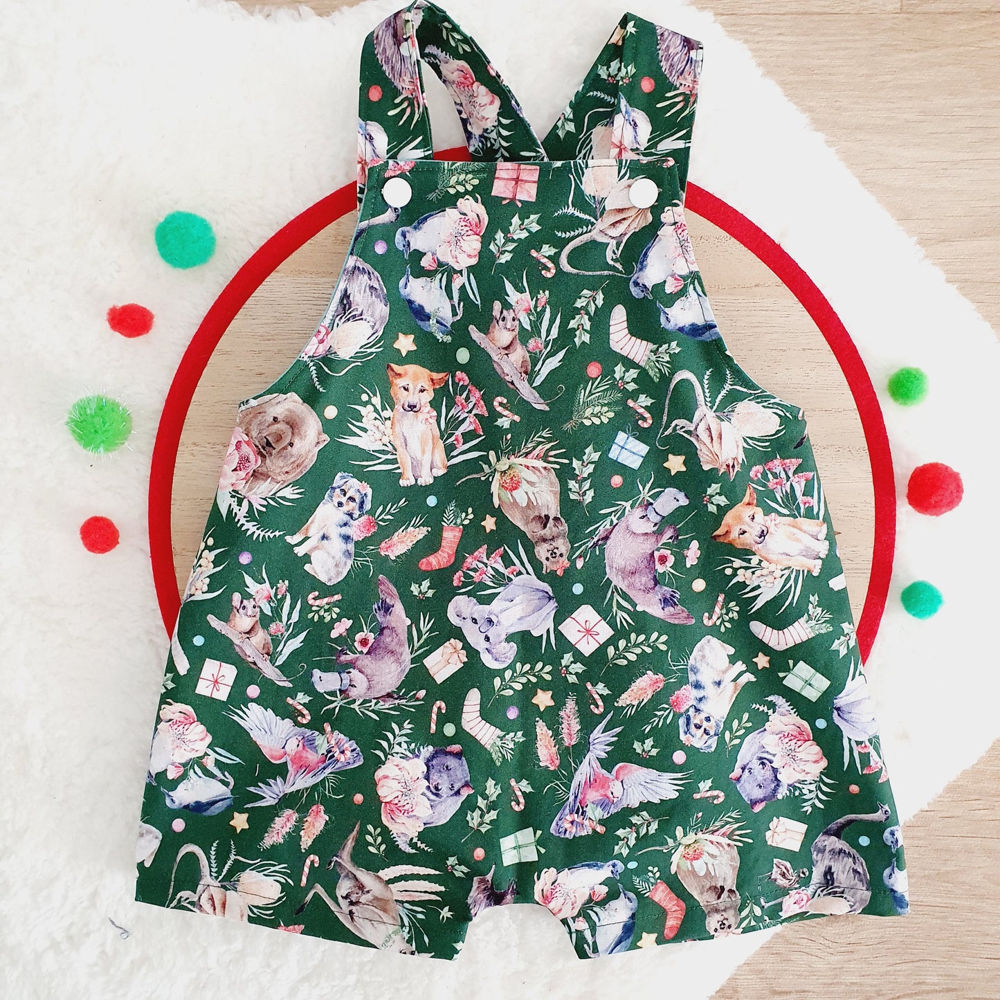 CHRISTMAS AUSSIE ANIMALS Overalls, Baby Overalls, Short Leg Romper, Size 1