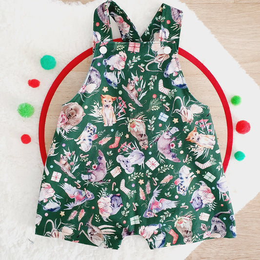 CHRISTMAS AUSSIE ANIMALS Overalls, Baby Overalls, Short Leg Romper, Size 1