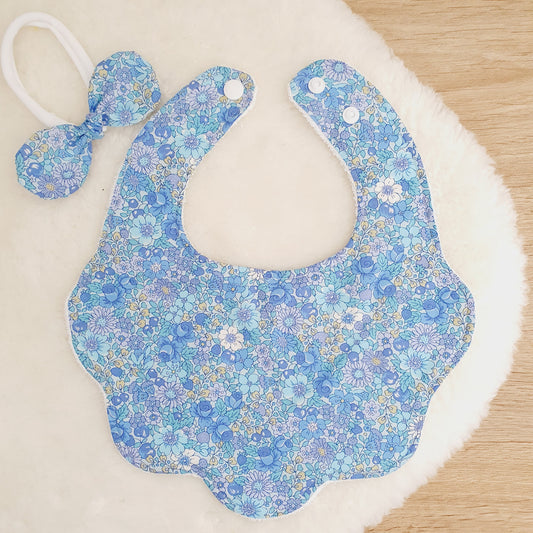 Blue Floral Handmade Scalloped Baby Bib and Headband Set