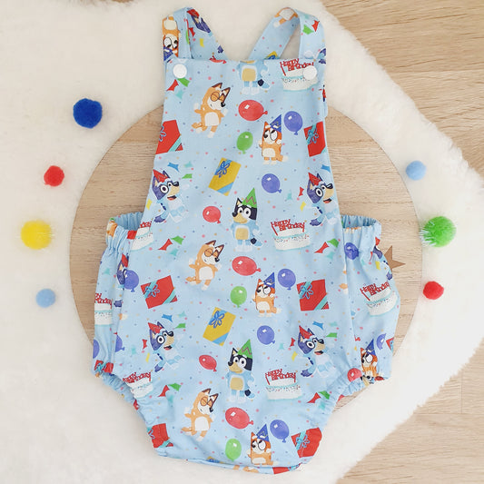 BLUE DOG BIRTHDAY print Baby Romper, Size 1