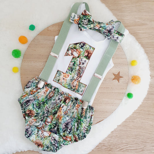 AUSTRALIAN ANIMALS print Boys 1st Birthday Outfit, Size 0