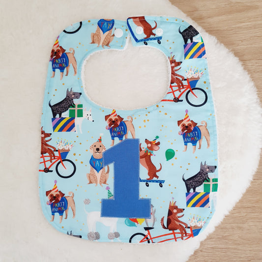 DOGS 1st Birthday Bib, Handmade Baby Bib, Large Feeding Bib