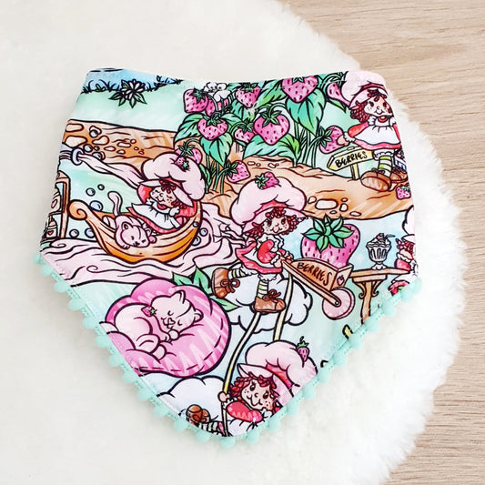 STRAWBERRY SHORTCAKE print Bandana Dribble Bib with Pom Pom Trim - Bamboo Backed Ultra Absorbent Bib