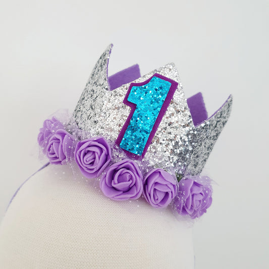 1st Birthday Crown / Party Hat / Headband - FLORAL /  PURPLE