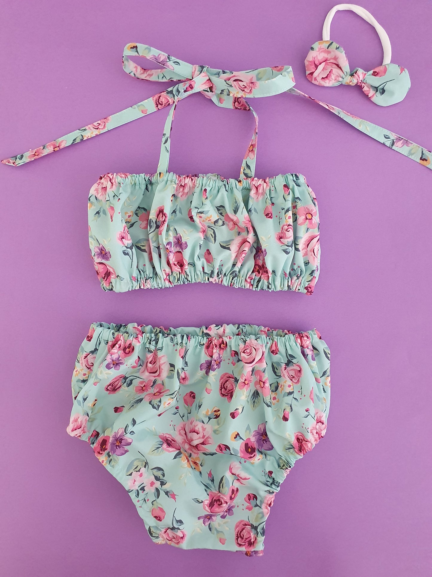 Floral Girls 1st Birthday - Cake Smash Outfit, Size 1, Nappy Cover, Headband & Crop Top Set - AQUA FLORAL