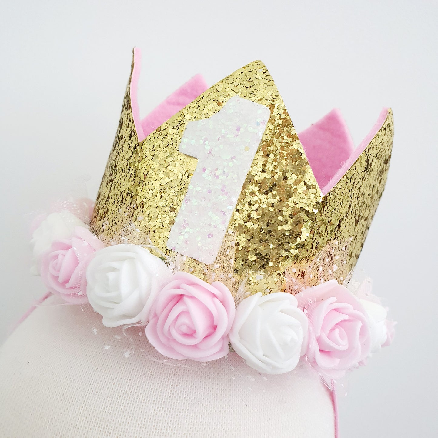 1st Birthday Crown / Party Hat / Headband - FLORAL / SOFT PINK