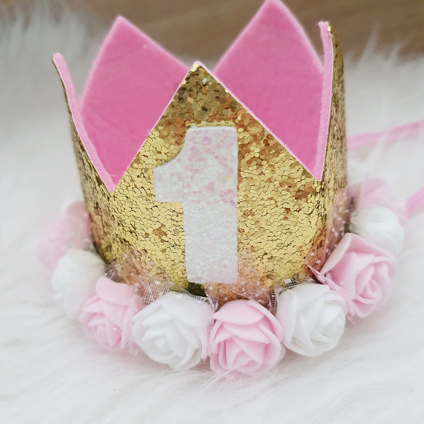 1st Birthday Crown / Party Hat / Headband - FLORAL / SOFT PINK